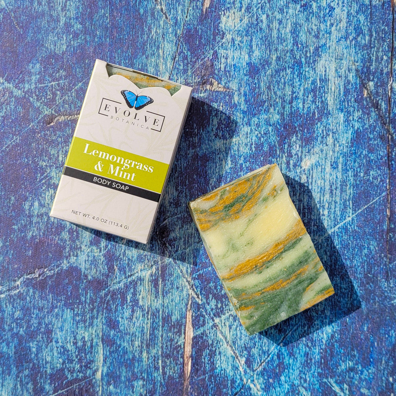Evolve Botanica Lemongrass & Mint Standard Soap bar with fresh herbal scent and natural ingredients, resting on a neutral background