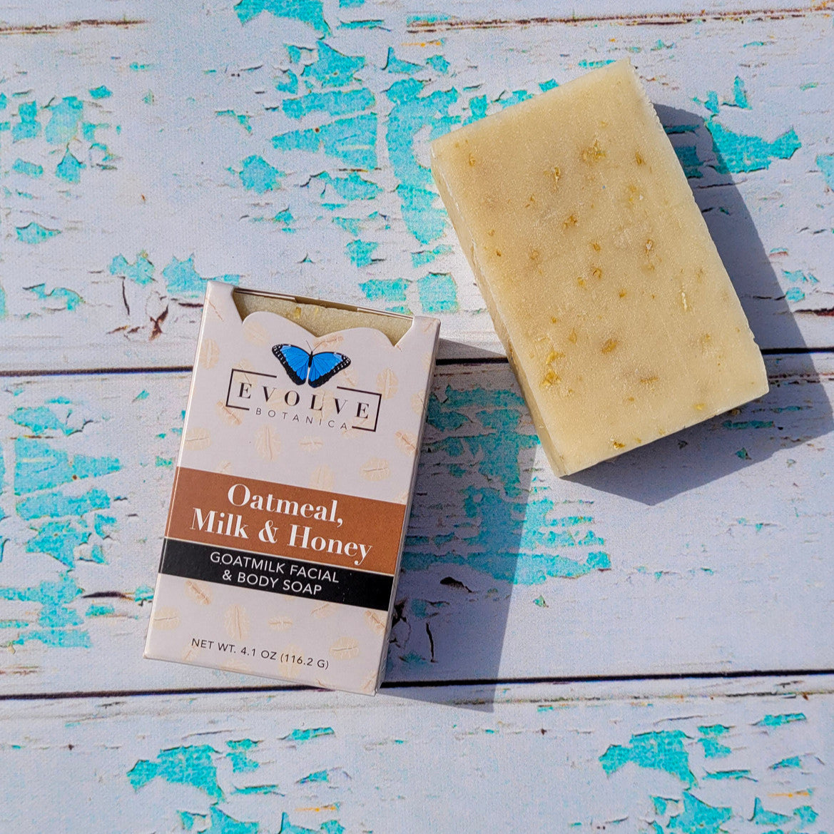 Evolve Botanica oatmeal, milk, and honey goat milk facial and body soap bar with natural ingredients and creamy lather.