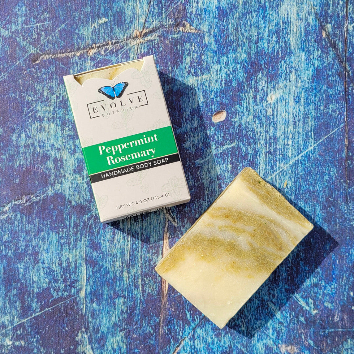 Evolve Botanica peppermint rosemary standard soap bar with natural ingredients and refreshing herbal scent.