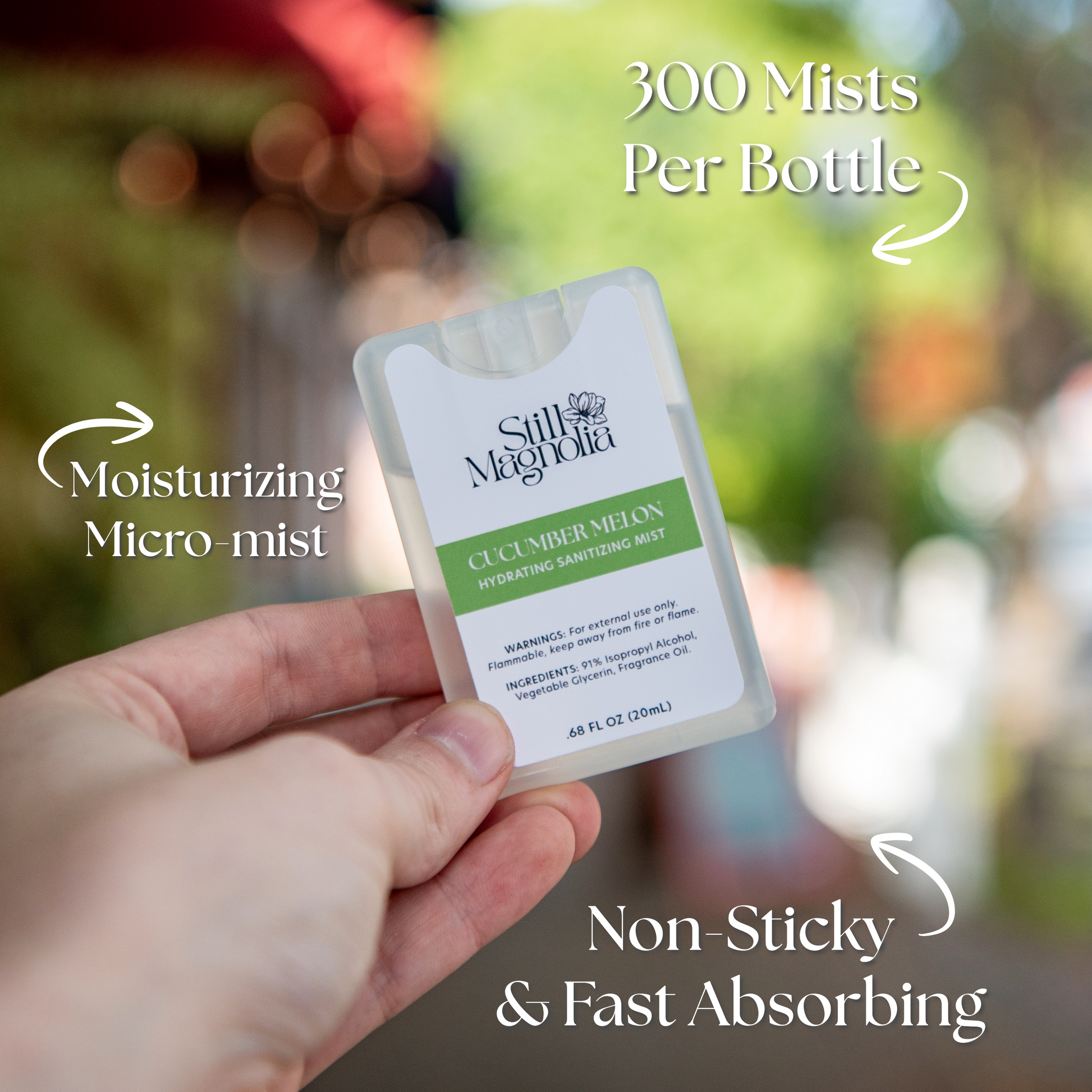 Still Magnolia Cucumber Melon Hydrating Sanitizing Mist spray with fresh cucumber and melon scent, moisturizing and sanitizing skin.