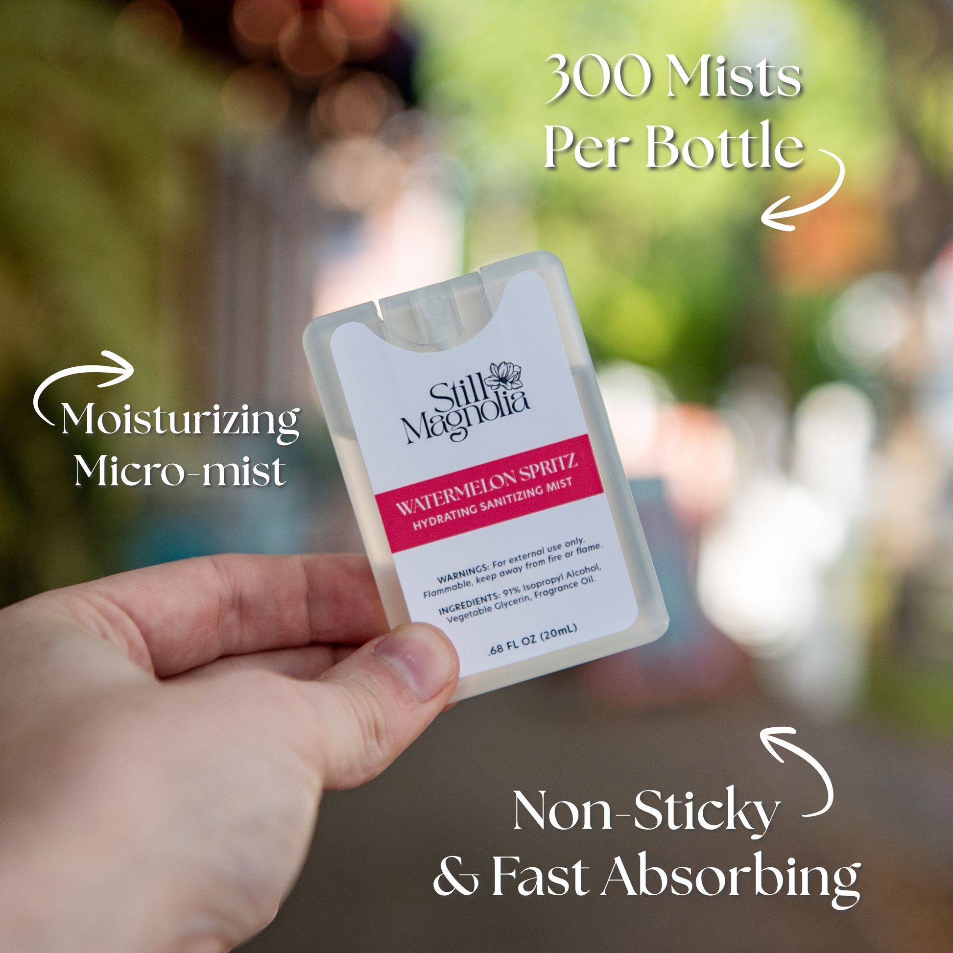 Still Magnolia Watermelon Spritz Hydrating Sanitizing Mist with refreshing watermelon scent and moisturizing formula.