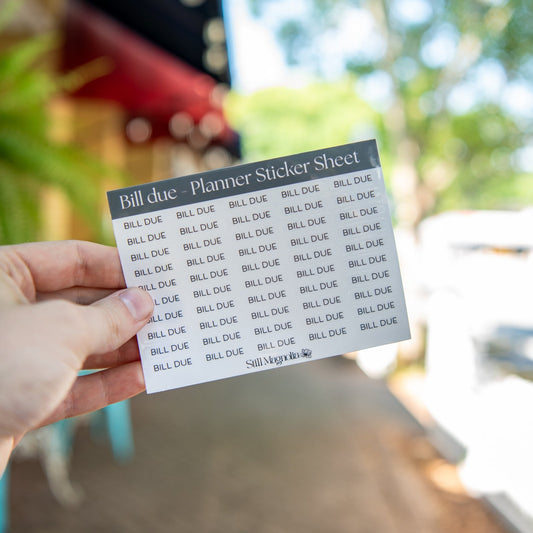 Still Magnolia Bill Due planner sticker sheet featuring colorful stickers for marking bill deadlines in planners.