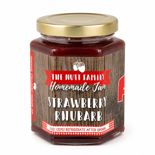 9 oz jar of Strawberry Rhubarb Jam from Nutt Family Jams & Jellies, showcasing fresh strawberries and rhubarb pieces.