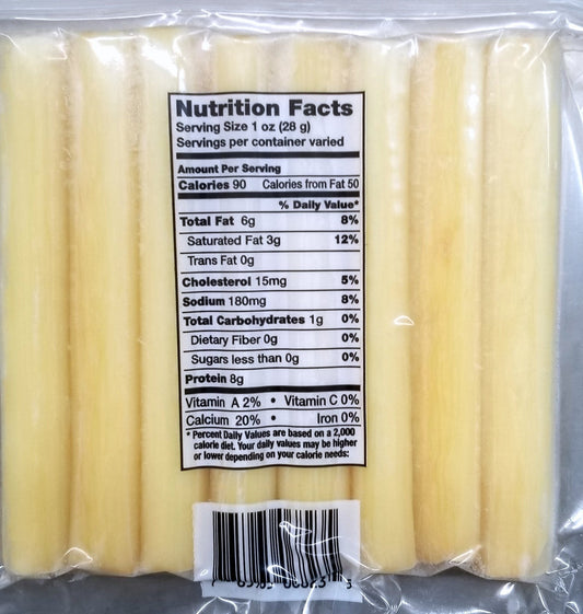 Eichtens Cheeses plain string cheese in an 8 oz package, showing soft, white mozzarella sticks ready to eat.