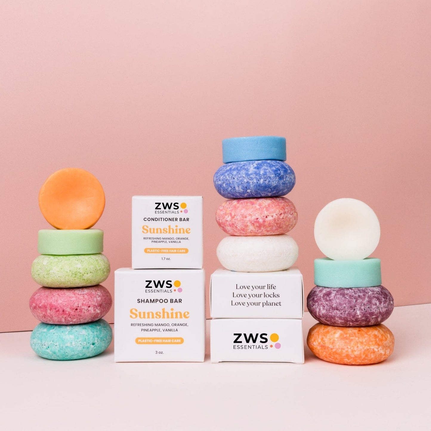 Eco-friendly shampoo and conditioner bar duo from ZeroWasteStore.com, with natural soap suds and eco-conscious packaging.