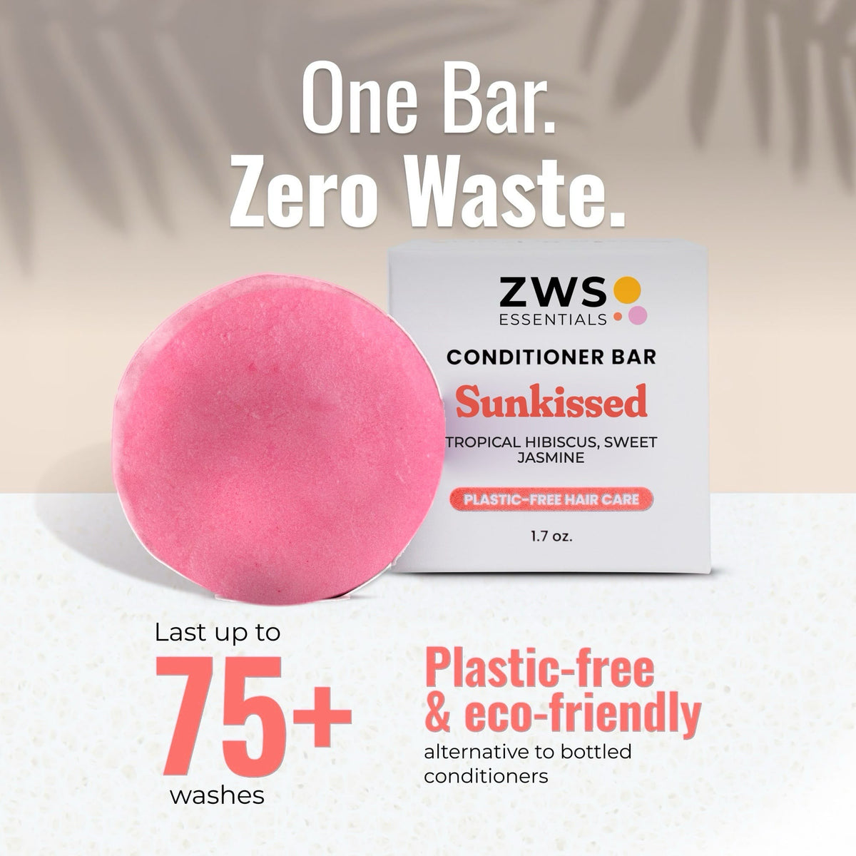 Sunkissed plastic-free conditioner bar from ZeroWasteStore.com, designed for 75 washes, natural and eco-friendly hair conditioner.