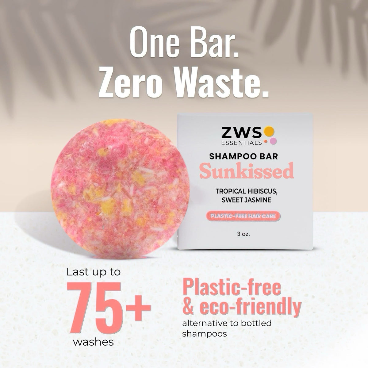 Sunkissed plastic-free shampoo bar by ZeroWasteStore.com, showing a natural, round shampoo bar with a textured surface.