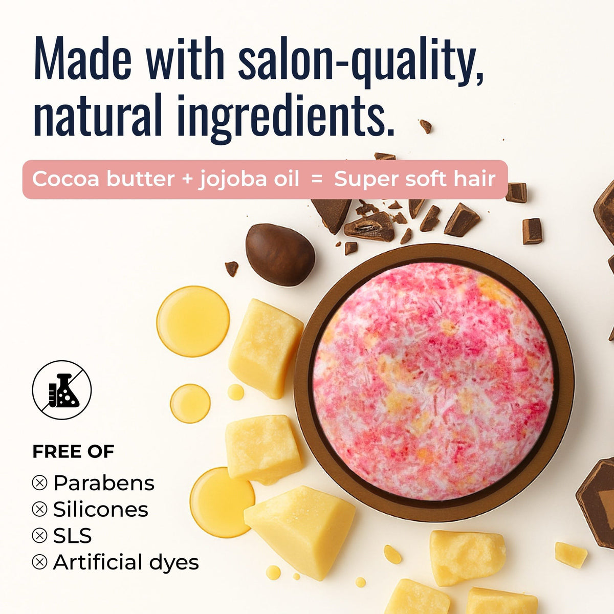 ZeroWasteStore.com sunkissed shampoo bar with natural cocoa butter and jojoba oil, showcasing its nourishing ingredients and packaging.