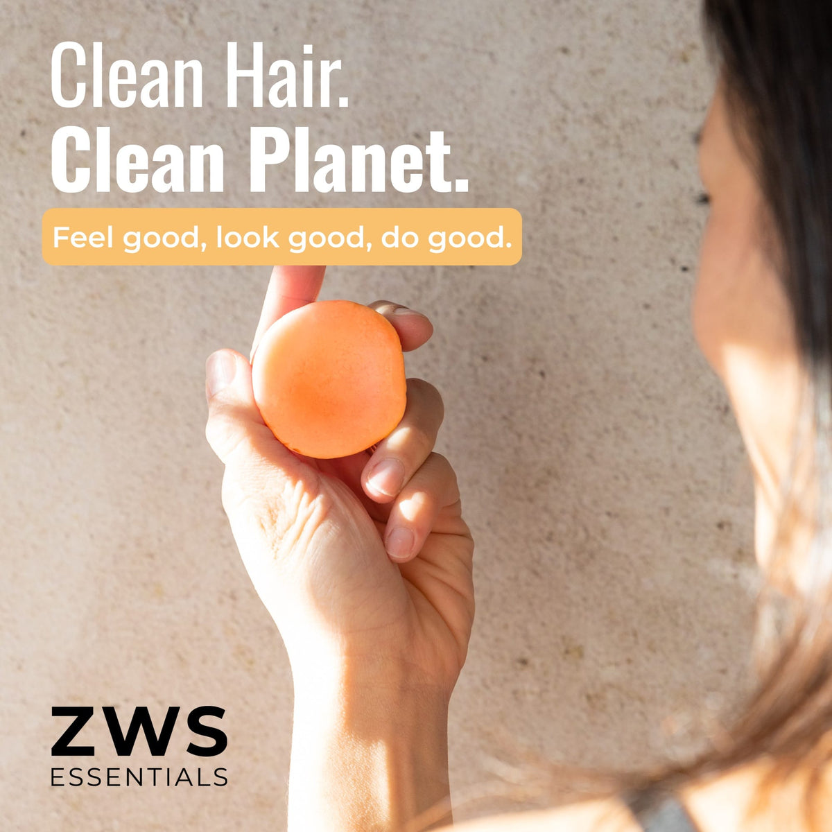 Sunshine-scented ZeroWasteStore.com conditioner bar for clean, healthy hair; eco-friendly solid hair conditioner on a natural background.