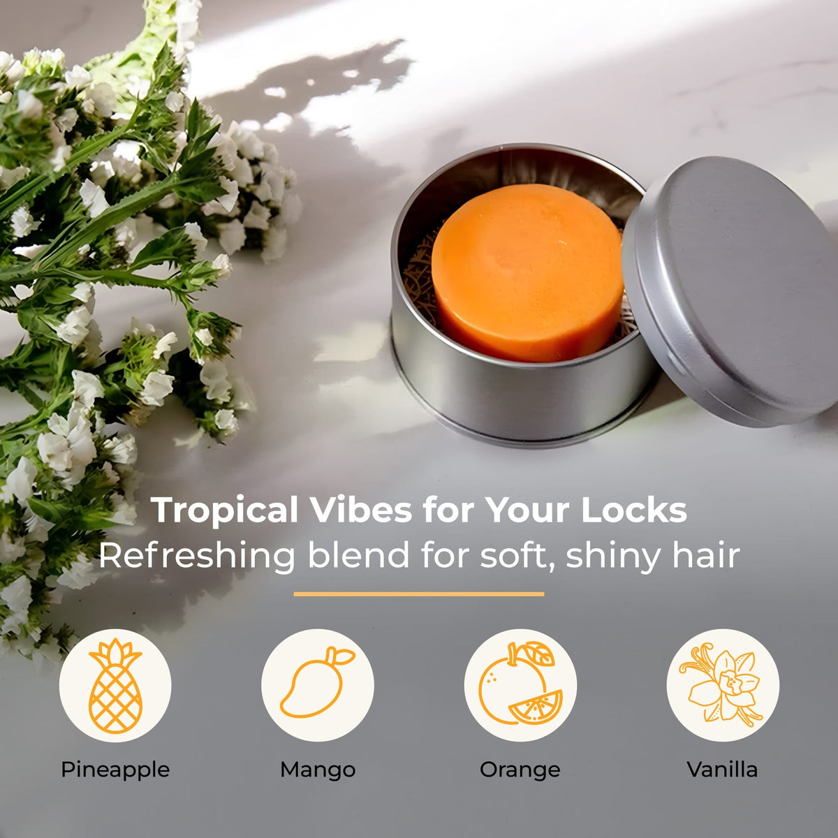 Sunshine-scented ZeroWasteStore.com conditioner bar with natural ingredients, compact and eco-friendly hair conditioner product.