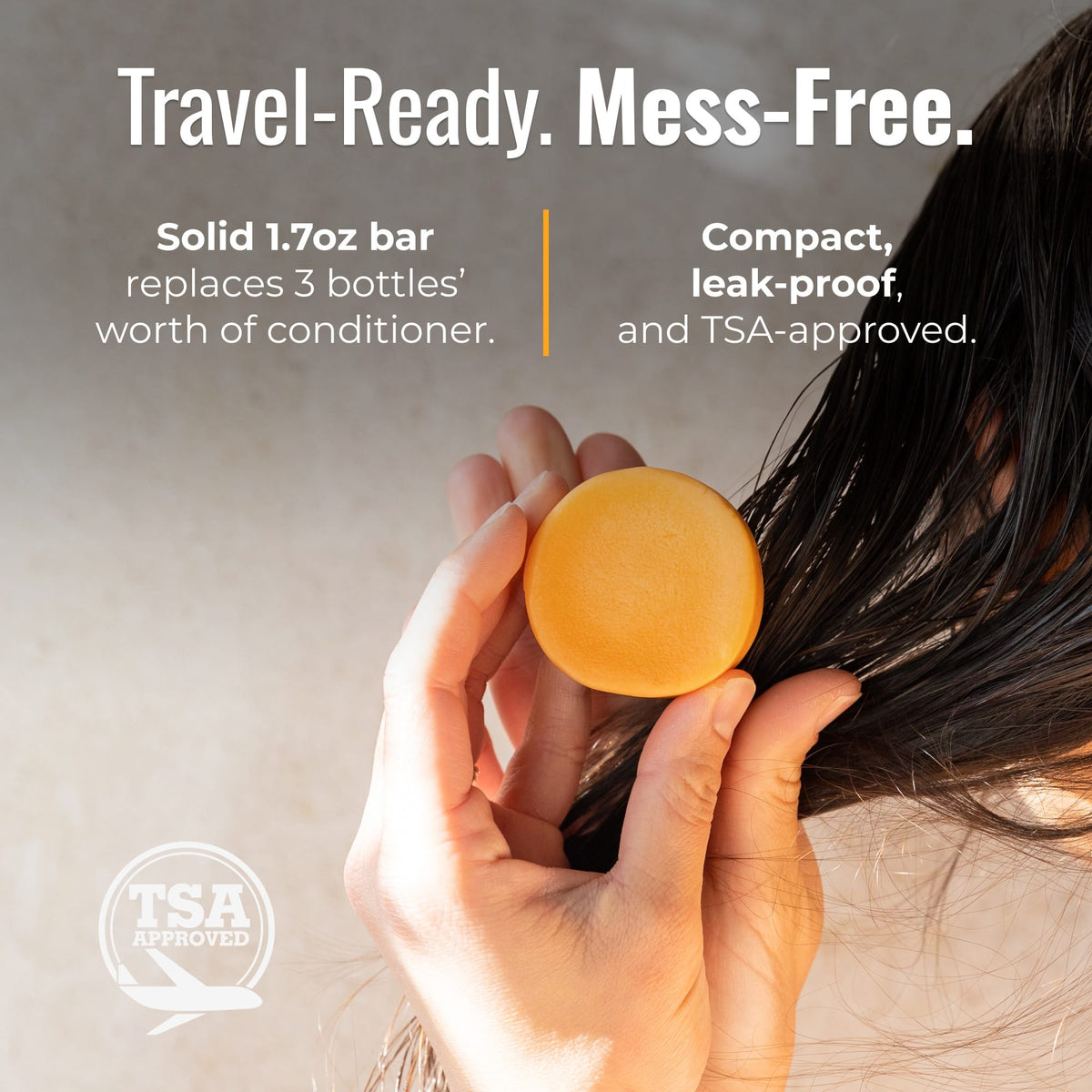 Travel-sized Sunshine Conditioner Bar from ZeroWasteStore.com, TSA-approved solid conditioner for eco-friendly hair care.