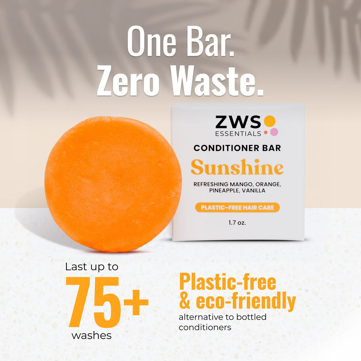 Plastic-free Sunshine Conditioner Bar by ZeroWasteStore.com with natural scent, designed for 75 washes, eco-friendly hair conditioner.
