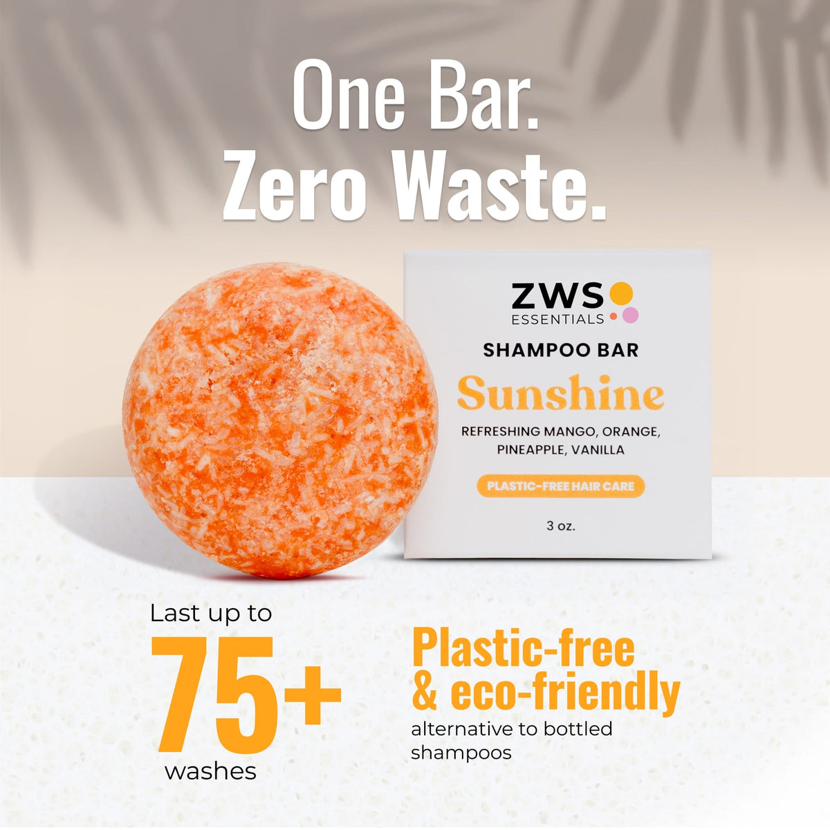 Plastic-free Sunshine Shampoo Bar from ZeroWasteStore.com showing a natural soap bar with sunshine scent and eco-friendly packaging.