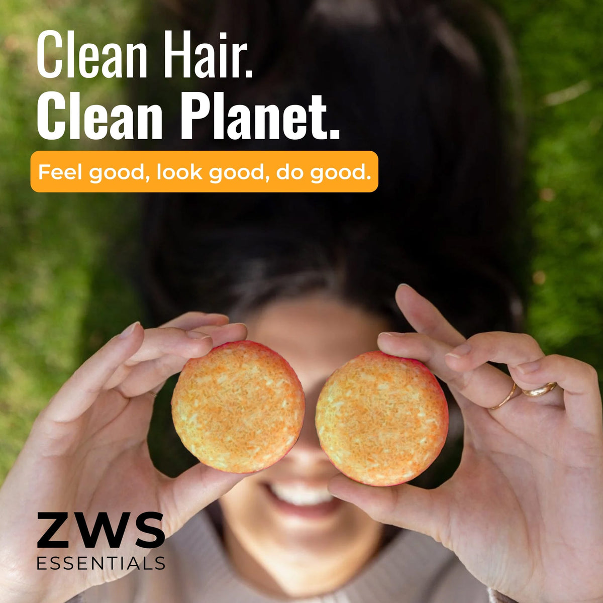 Sunshine scented ZeroWasteStore.com shampoo bar with clean hair and eco-friendly packaging, suitable for all hair types.