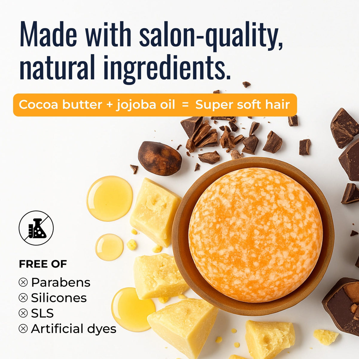 Sunshine shampoo bar by ZeroWasteStore.com with natural ingredients like cocoa butter and jojoba oil, shown with bright packaging.