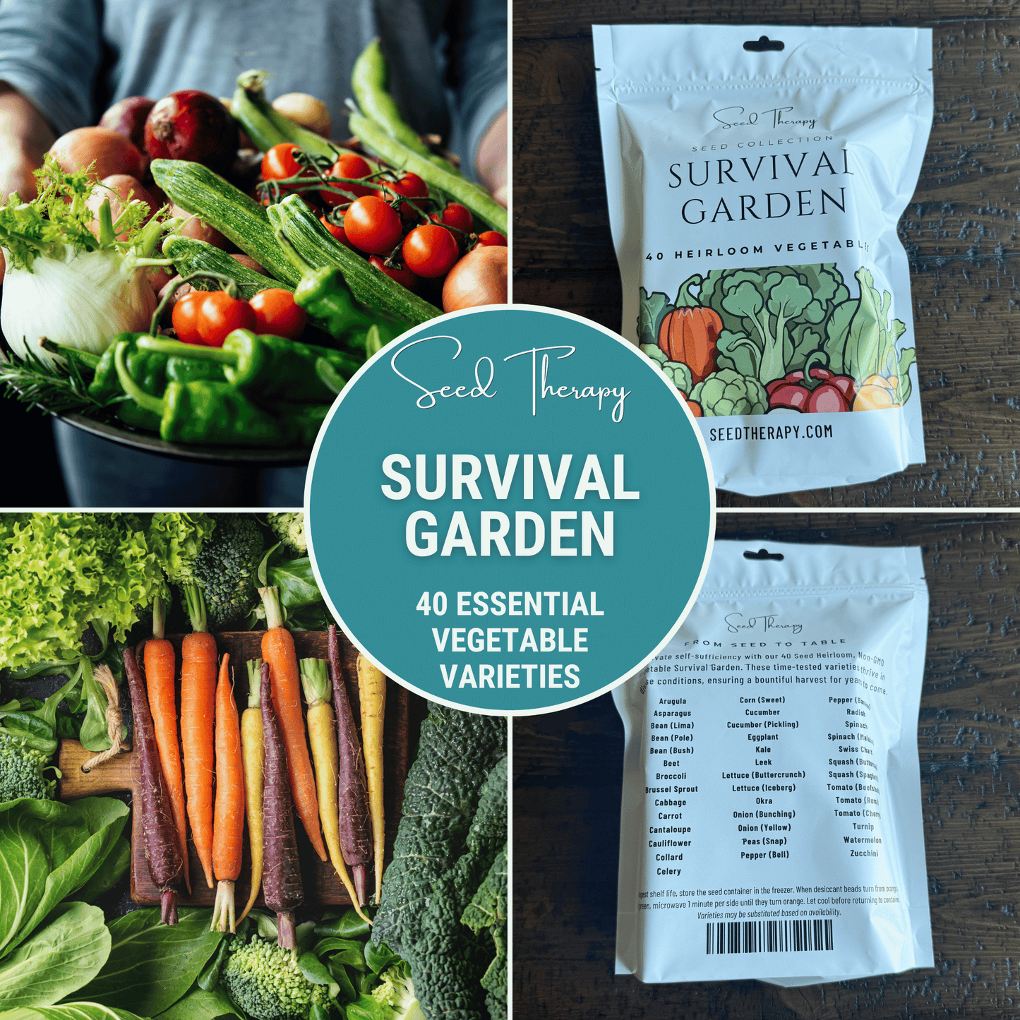 Packet of Southern Seeds Survival Vegetable Garden seeds featuring 40 essential vegetable and medicinal herb crop varieties.