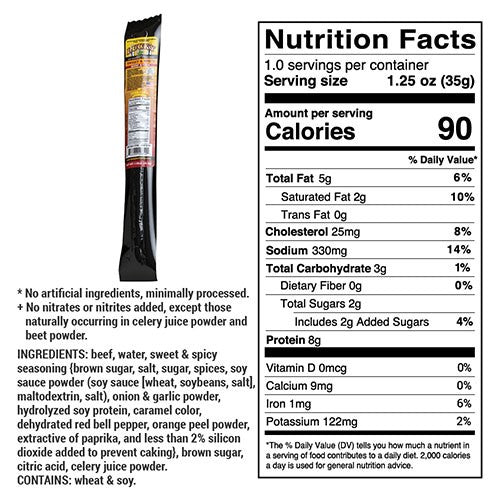 Sweet and spicy beef stick from Nebraska Star Beef with visible ingredients and seasoning, 1.25 oz snack food.