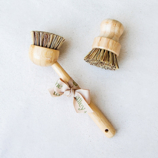 Tilley + Me sustainable bamboo pot scrubber with tough stain removal and gentle eco-friendly design for kitchen utensils.