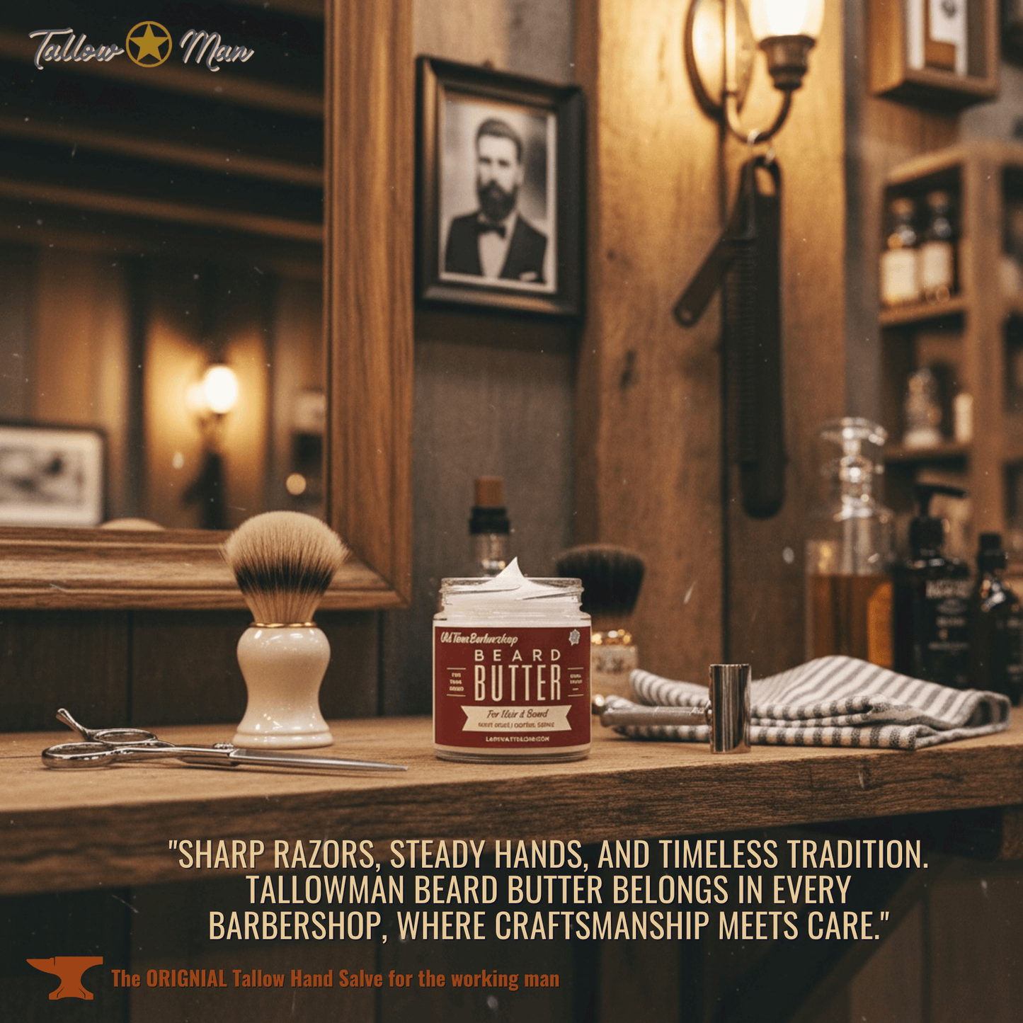 Lady May Tallow men's beard butter trio gift set featuring natural tallow beard and body creams with leather conditioner and hand salve.