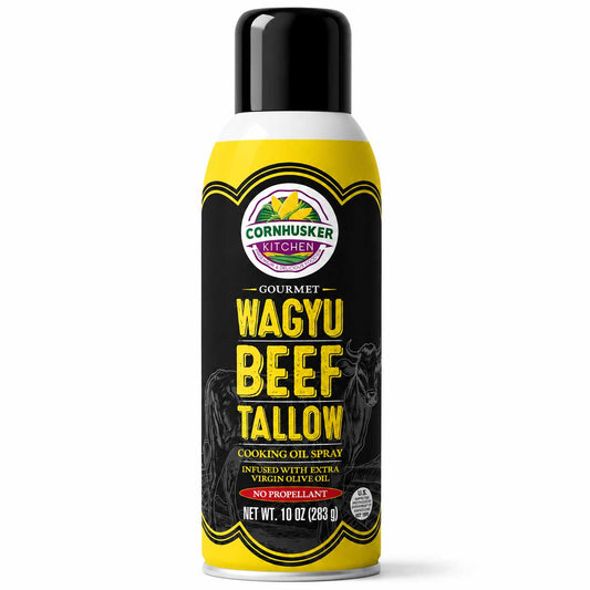 Wagyu beef tallow cooking oil spray in a 10 oz bottle from Cornhusker Kitchen, ideal for flavorful cooking and frying.