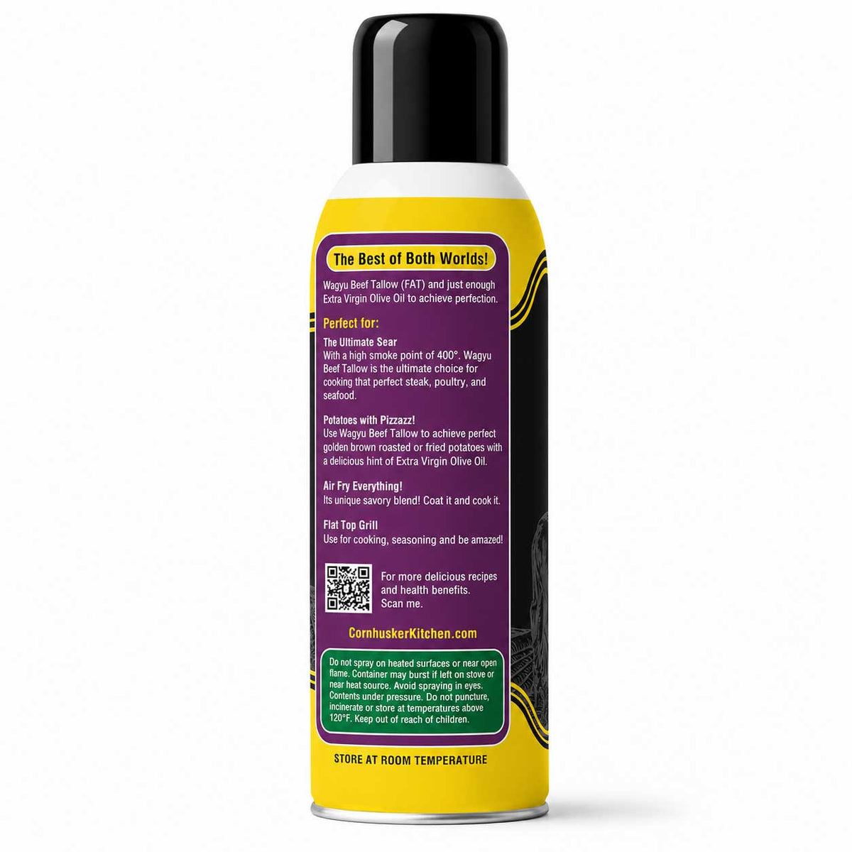 Wagyu beef tallow cooking oil spray in a 10 oz bottle from Cornhusker Kitchen, showing the spray nozzle and product label.