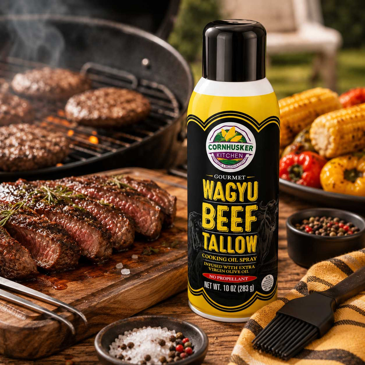 BuyNebraska.com Wagyu beef tallow cooking oil spray in a 10 oz spray bottle, ideal for flavorful cooking and grilling.