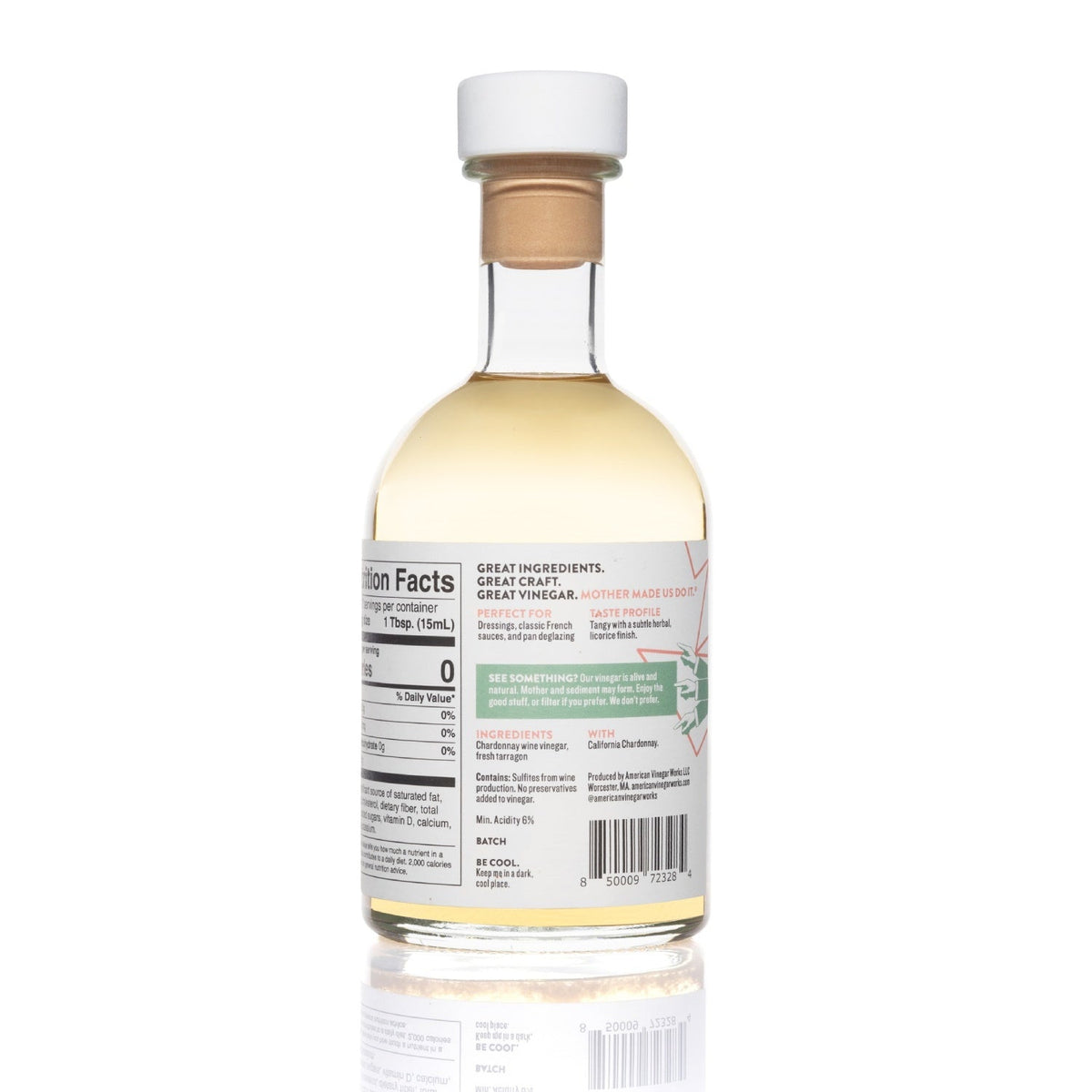 250ml bottle of American Vinegar Works Tarragon Wine Vinegar with a clear label and dark glass bottle showing the product from the back.