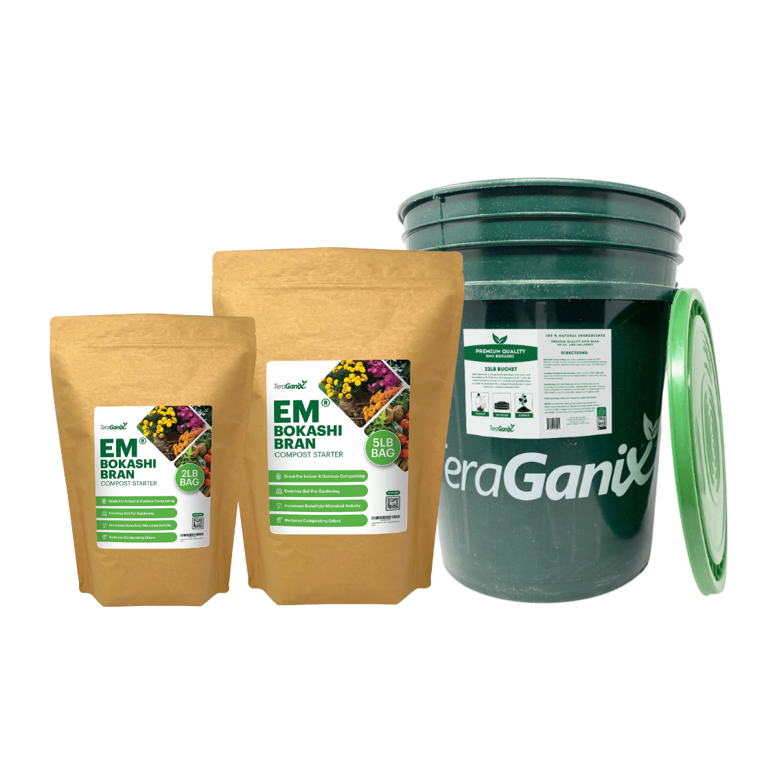 TeraGanix EM Premium Bokashi Compost Starter in a 2 lb bag, organic microbial inoculant for composting and waste fermentation.