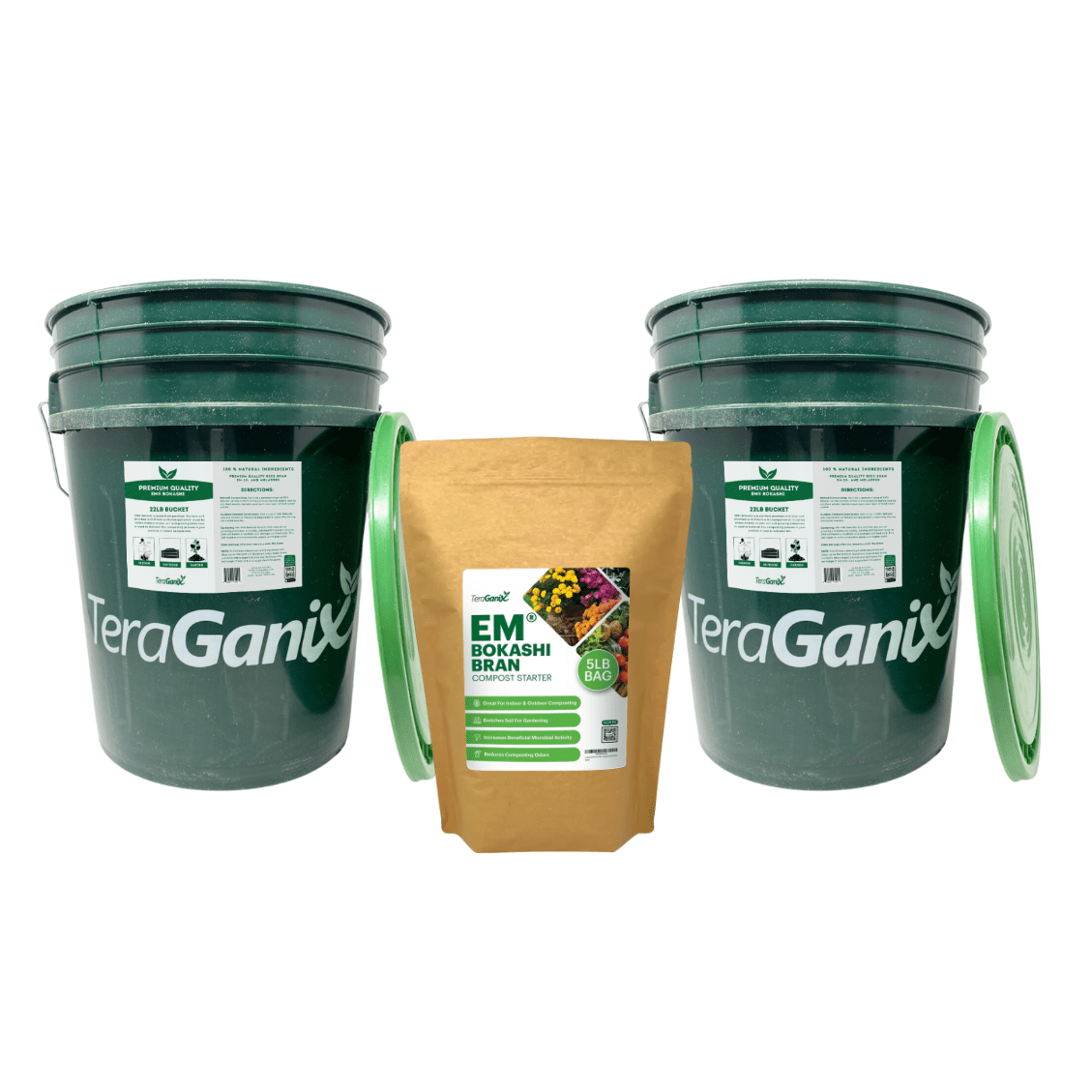 TeraGanix Bokashi Food Waste Recycling System with black compost bin for kitchen food waste fermentation and composting.