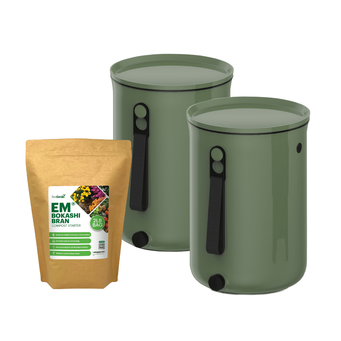 TeraGanix Bokashi Kitchen Compost Bin, 2.5-gallon size with a bucket and EM Bokashi bran for composting food waste.
