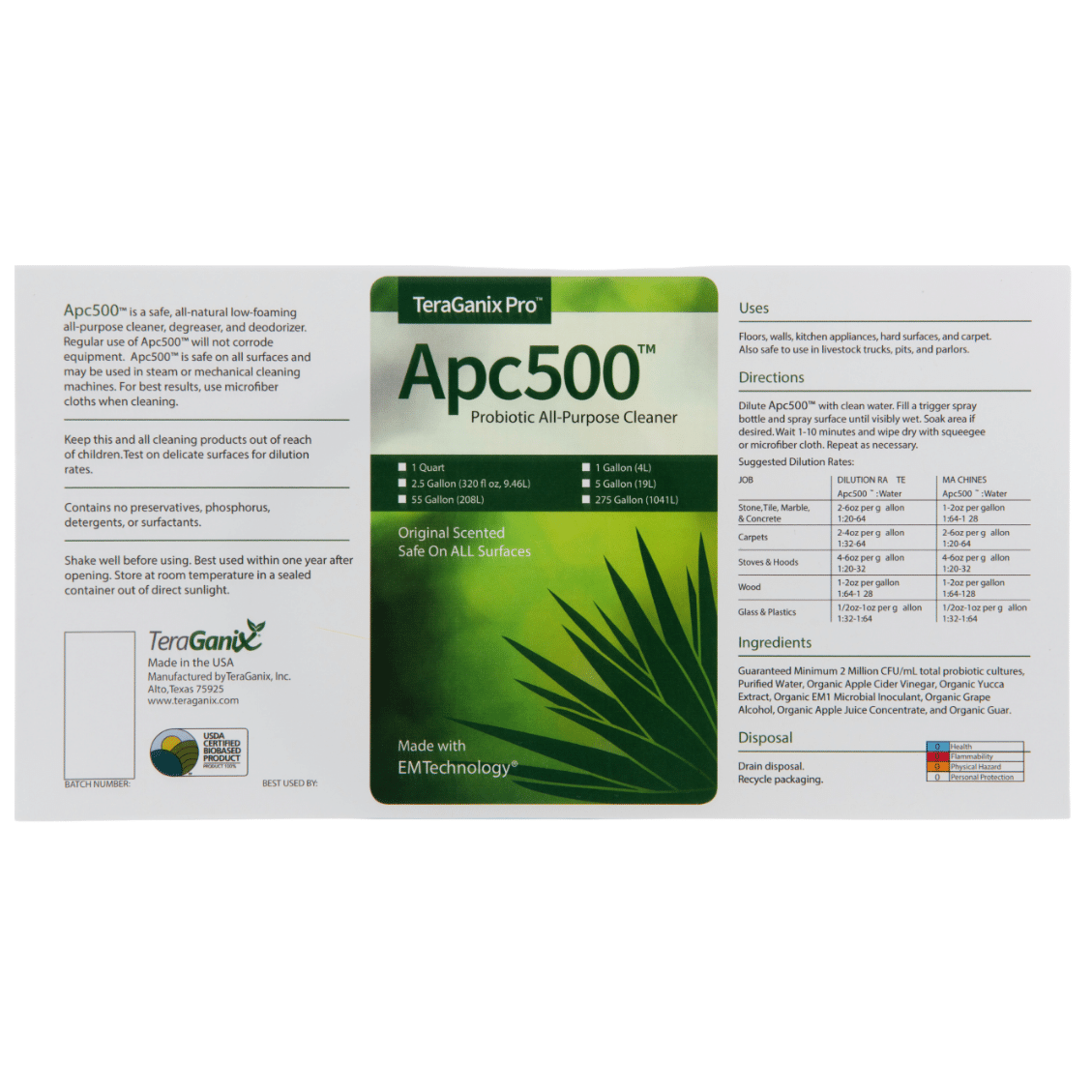 TeraGanix APC500 nontoxic all-purpose cleaning product in a 32oz bottle for household cleaning tasks.