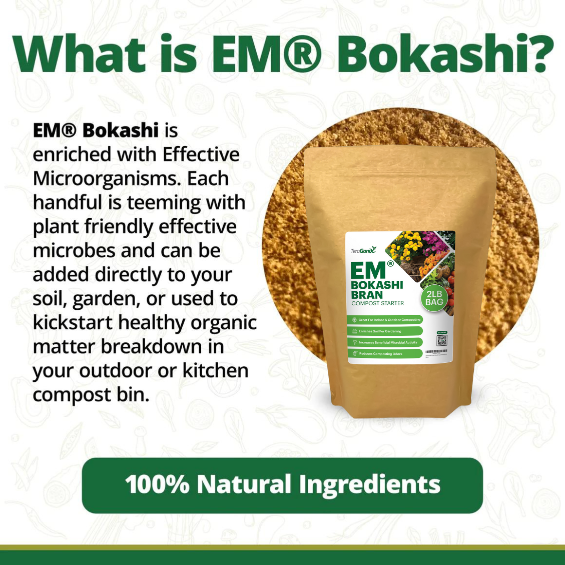 EM Premium Bokashi Bran by Teraganix Wholesale in a 2 lb bag for composting and fermentation.