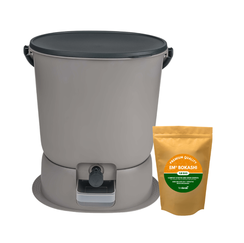 Teraganix Bokashi compost bin starter kit with 4.4-gallon black bin, includes EM Bokashi bran and a second bucket for organic waste.