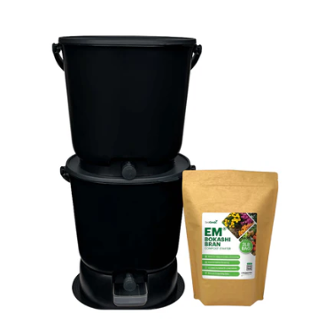 Teraganix Essential Bokashi Compost Bin Starter Kit with 4.4-gallon black bin and 1 lb of EM Bokashi for kitchen composting
