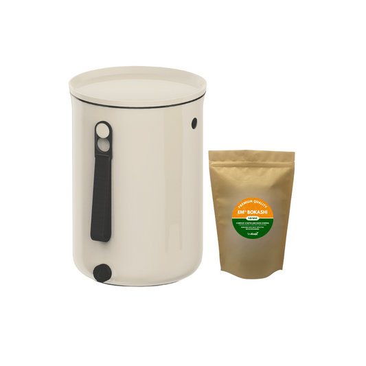 Teraganix Bokashi Kitchen Compost Bin 2.5-gallon with olive Bokashi bran for eco-friendly food waste composting.