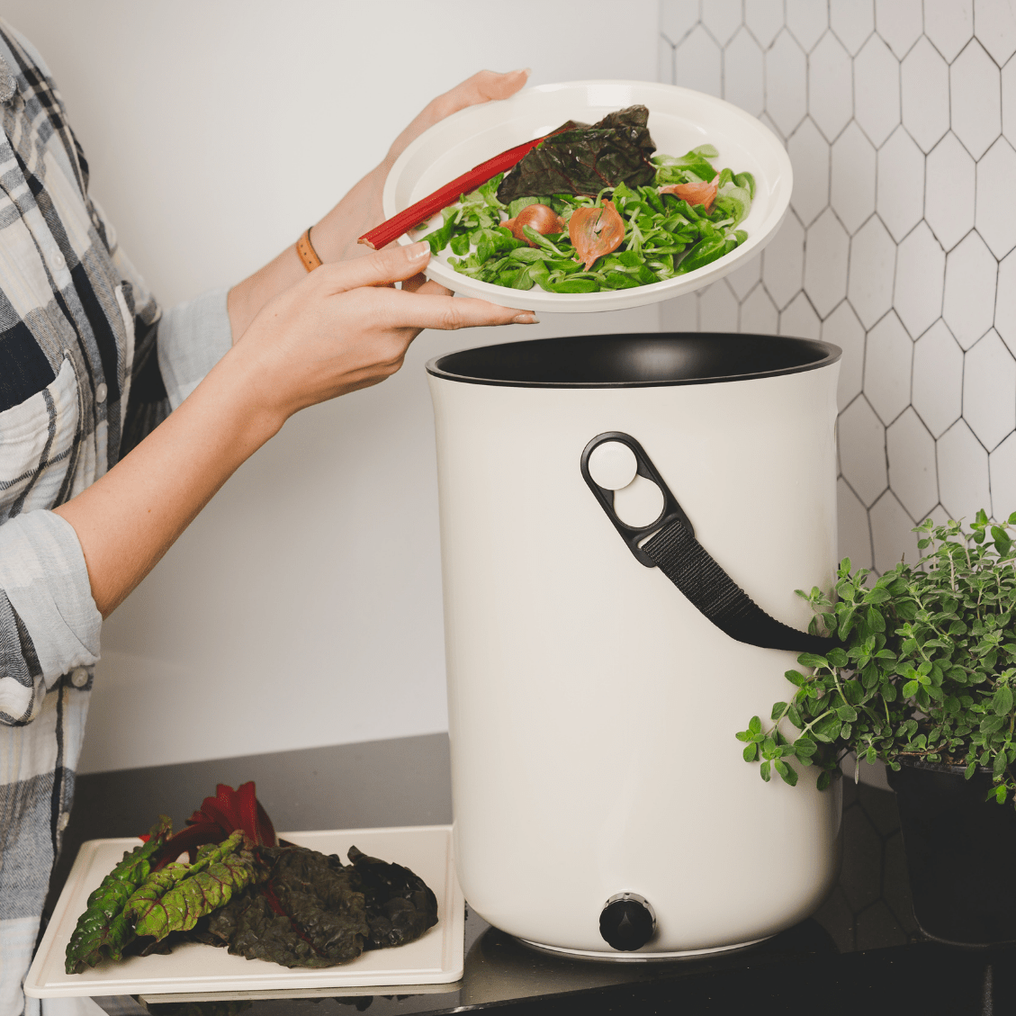 Teraganix Bokashi Kitchen Compost Bin 2.5-gallon with a single bucket and 1 lb bag of Bokashi olives for composting.