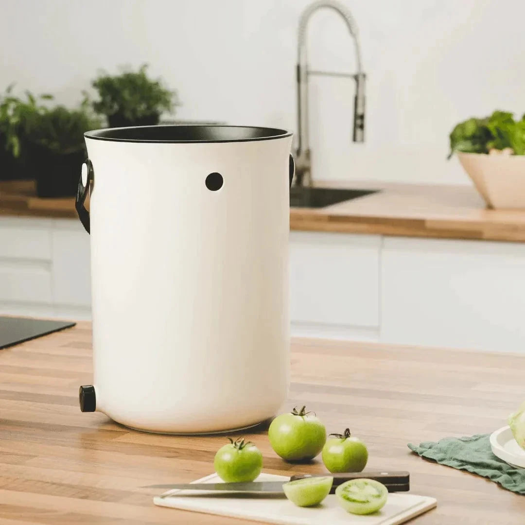 Teraganix Bokashi Kitchen Compost Bin, 2.5-gallon size, with a bucket and 1-lb bag of Bokashi olive bran for composting.
