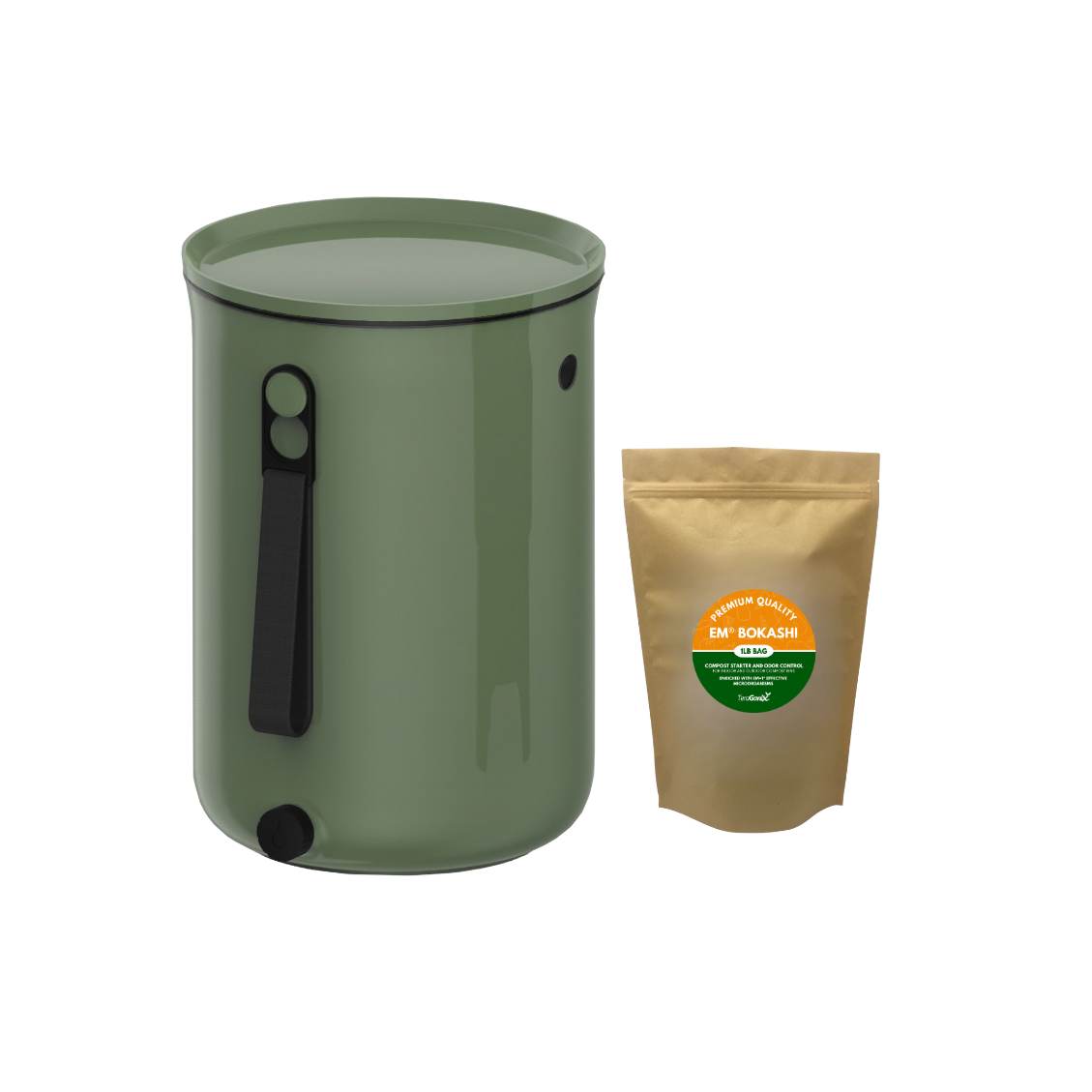 Teraganix Bokashi Kitchen Compost Bin 2.5-gallon with a 1-lb bag of Bokashi olive for composting in the kitchen.