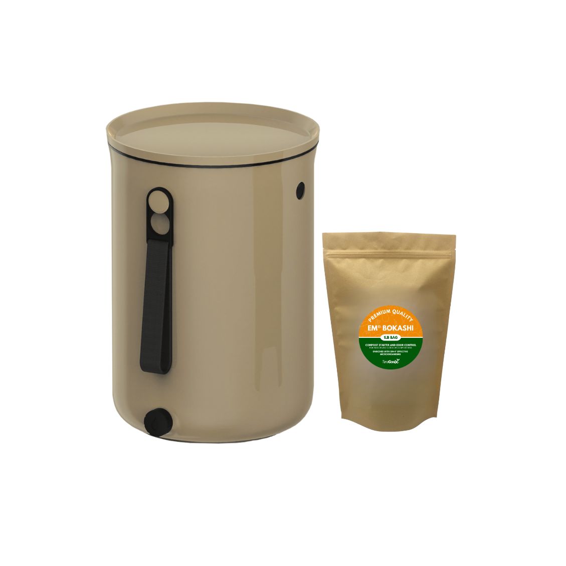 Teraganix 2.5-gallon Bokashi Kitchen Compost Bin with a bucket and 1 lb bag of Bokashi olive composting mix.