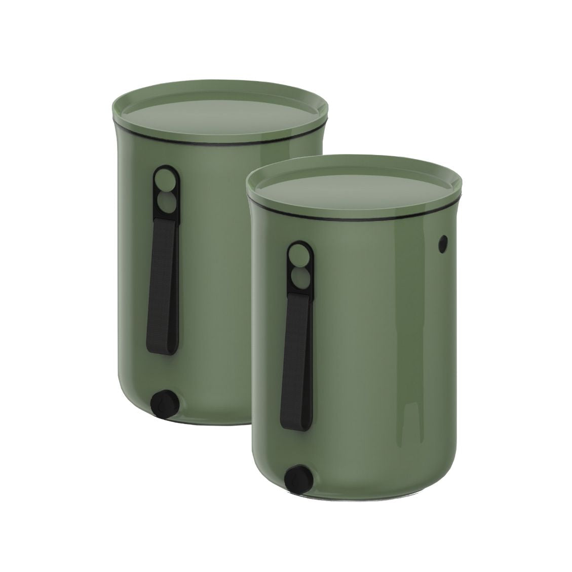 Teraganix Bokashi Kitchen Compost Bin 2.5-gallon with a built-in lid and a 1-lb bag of Bokashi olive bran for composting.
