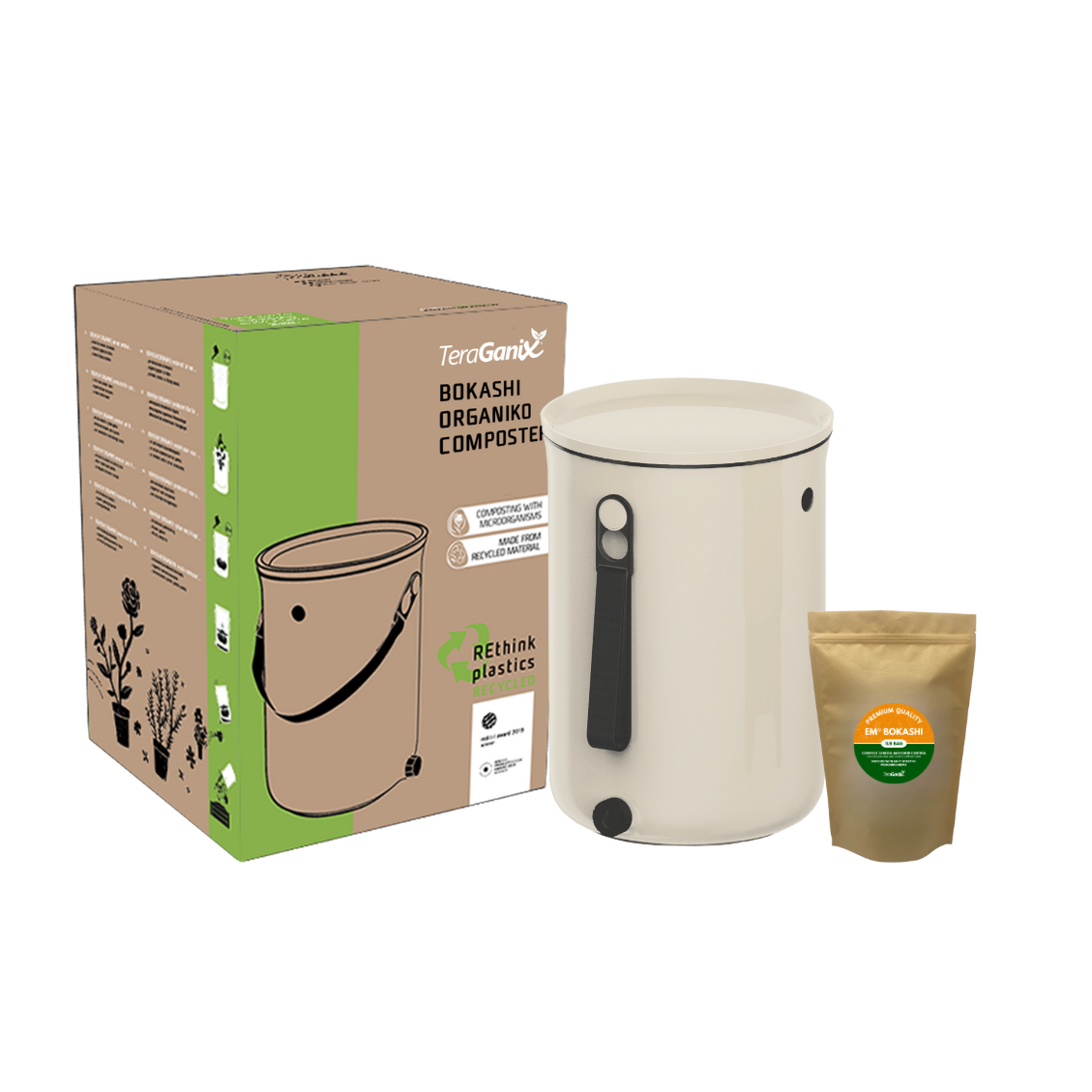 Teraganix Bokashi Kitchen Compost Bin 2.5-gallon with 1 lb bag of Bokashi olive grains for indoor composting.