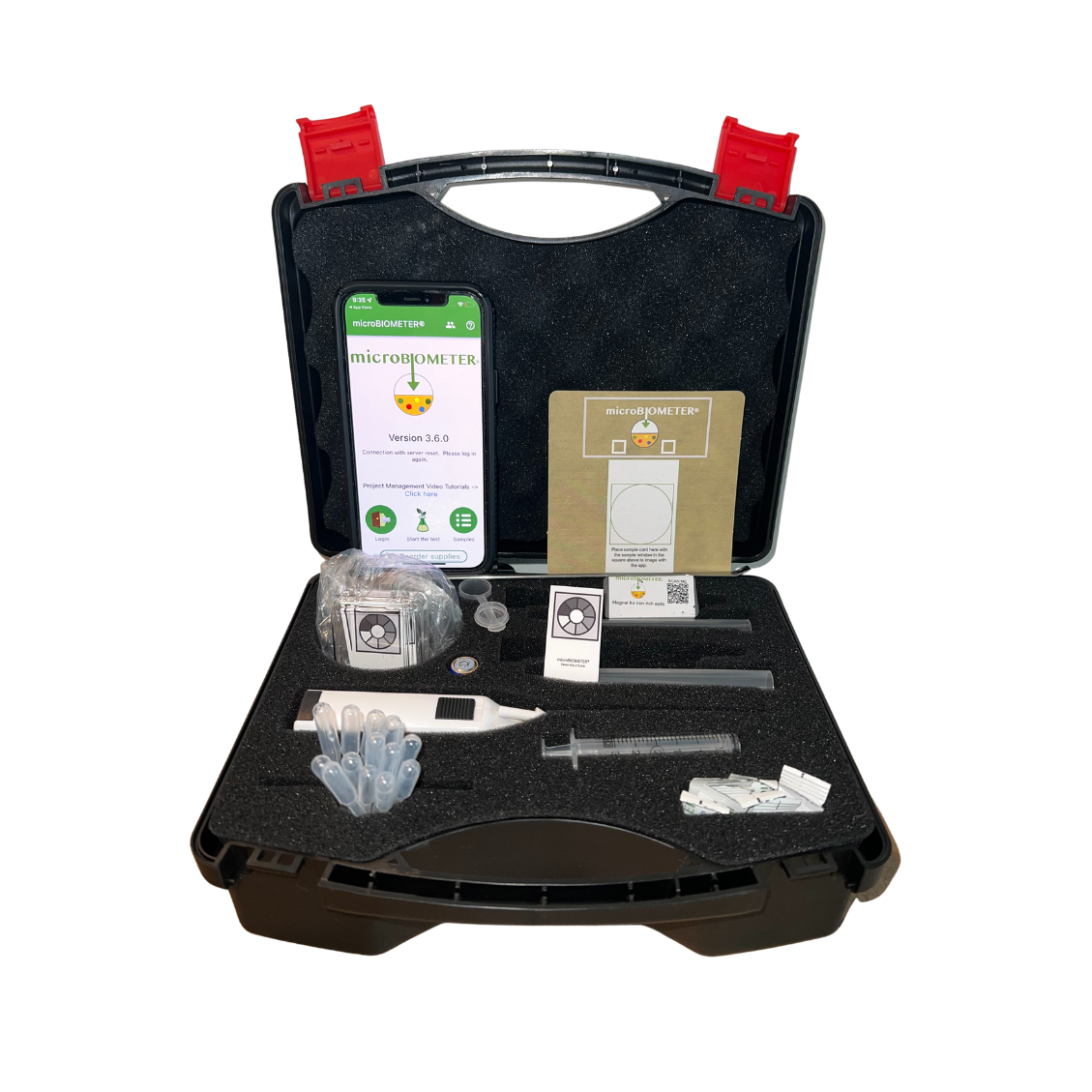 Microbiometer Soil Testing Kit by Teraganix Wholesale showing the compact device and testing components for soil microbial analysis.