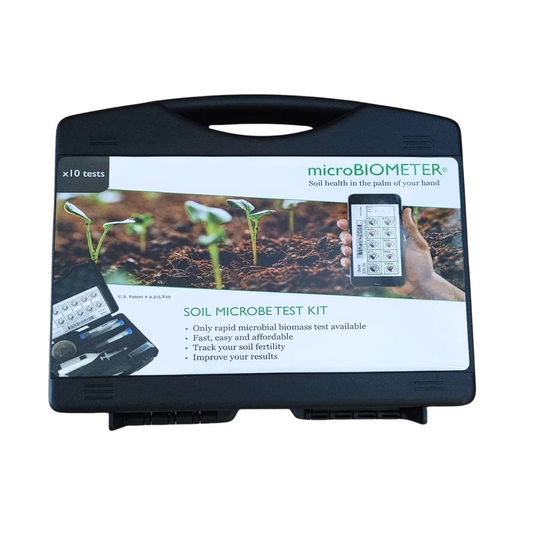 microBIOMETER Soil Testing Kit by Teraganix Wholesale showing the compact device and testing accessories for soil microbial analysis