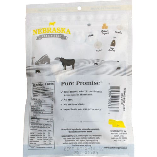 Back view of 3 oz Nebraska Star Beef Teriyaki Beef Jerky package, showcasing the product label and packaging details.