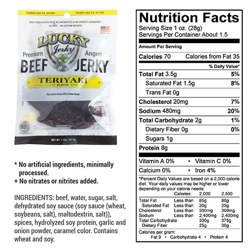 Teriyaki beef jerky from Nebraska Star Beef, 1.5 oz package, showcasing savory, glazed beef strips ideal for snacking.
