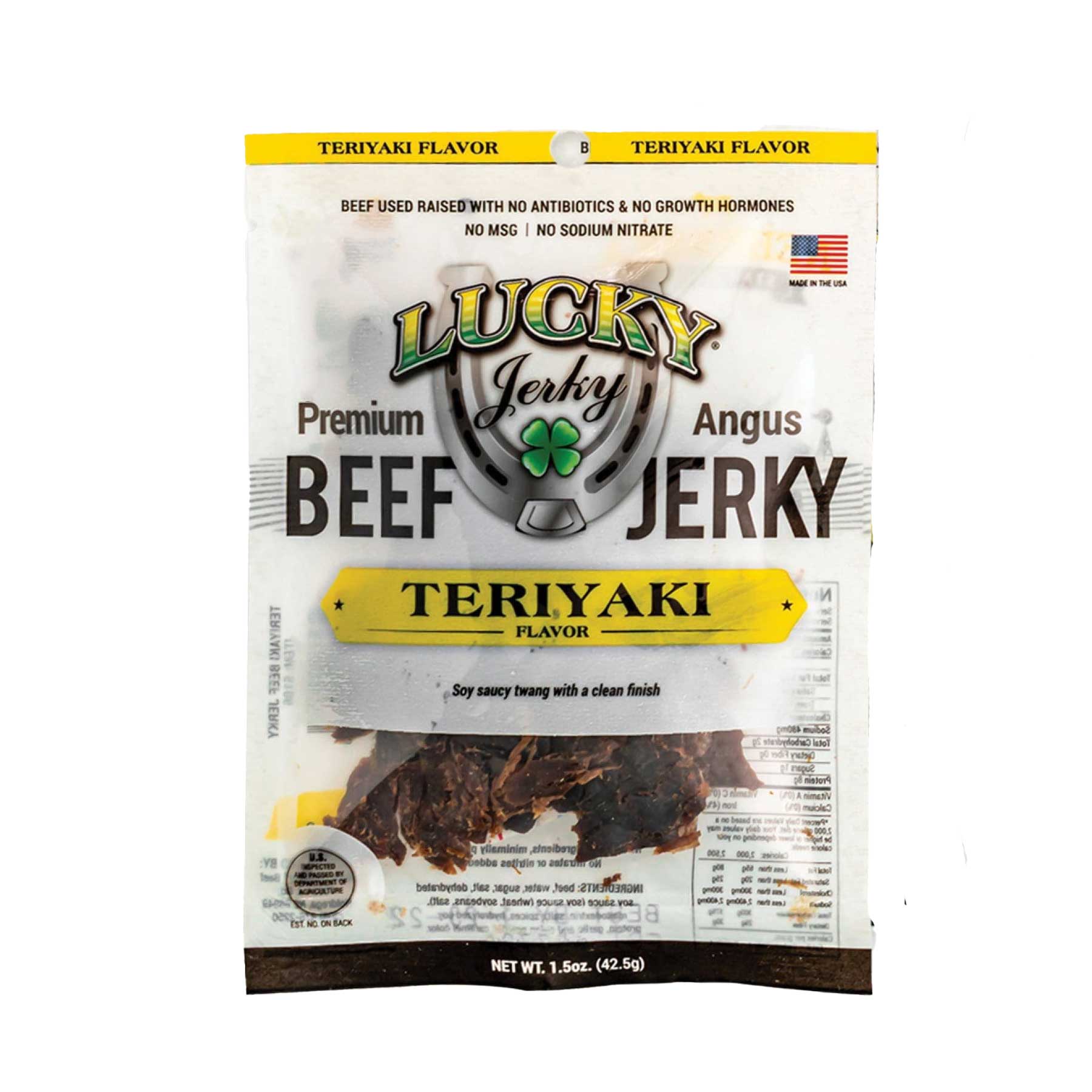Thin slices of teriyaki beef jerky from Nebraska Star Beef in a 1.5 oz package, showcasing glossy, flavorful beef strips.