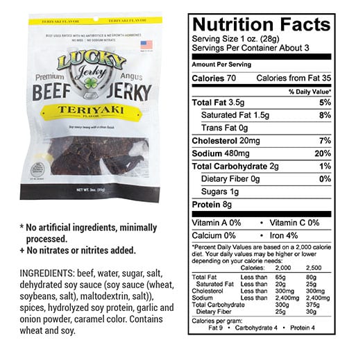 Slices of Teriyaki Beef Jerky in a 3 oz package from Nebraska Star Beef, showing glossy, flavorful meat pieces.