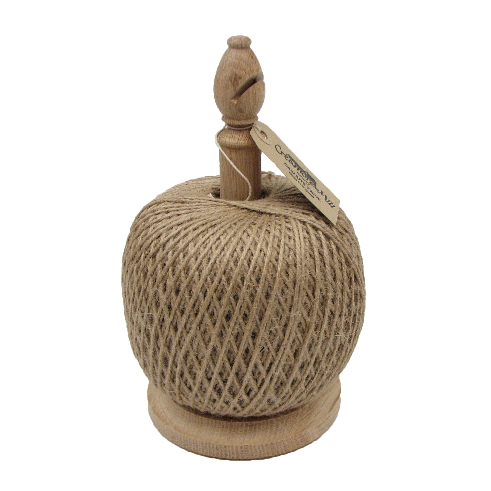 Natural oak bishop twine tidy with cutter from The Celtic Farm, featuring baker's twine made in Britain, displayed with twine spool and cutter.