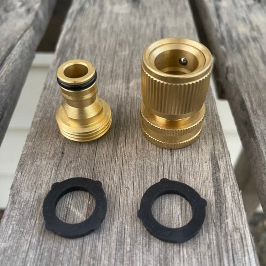 Brass garden hose quick connect connector by The Celtic Farm, durable brass fitting for easy hose attachment and quick connection.