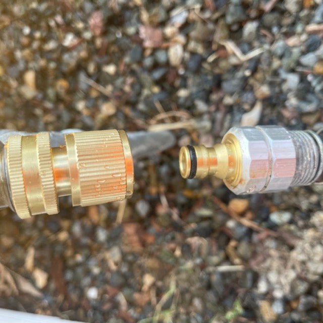 Brass garden hose quick connect connector by The Celtic Farm, durable brass plumbing fitting for easy hose attachment.
